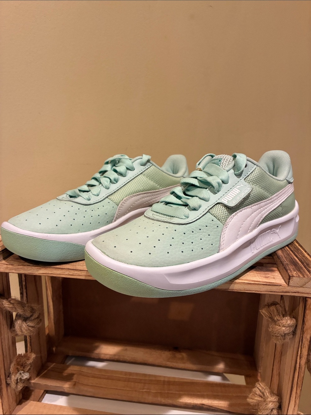 Puma Women's Mint Green and White Low-Top Sneakers. Size 5.5
